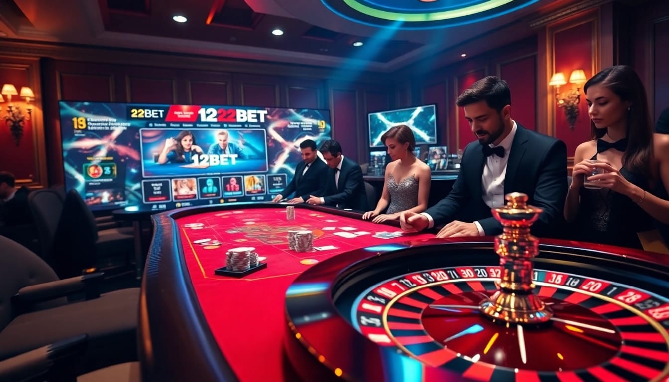 Exciting gameplay at 12BET with poker chips and a roulette wheel in a luxurious casino setting.