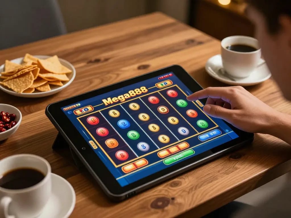 Engaging with free credit mega888 on a tablet, capturing online gaming excitement in a home setting.