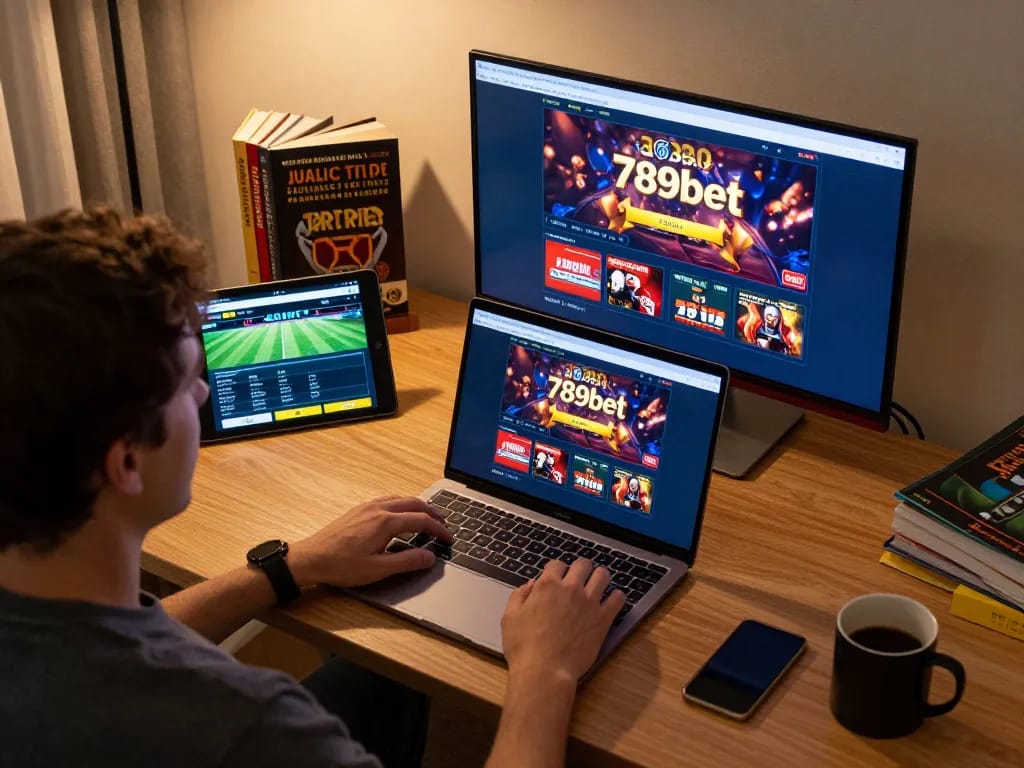 Engaging in online gambling with 789bet interface displayed on laptop in a cozy home setting