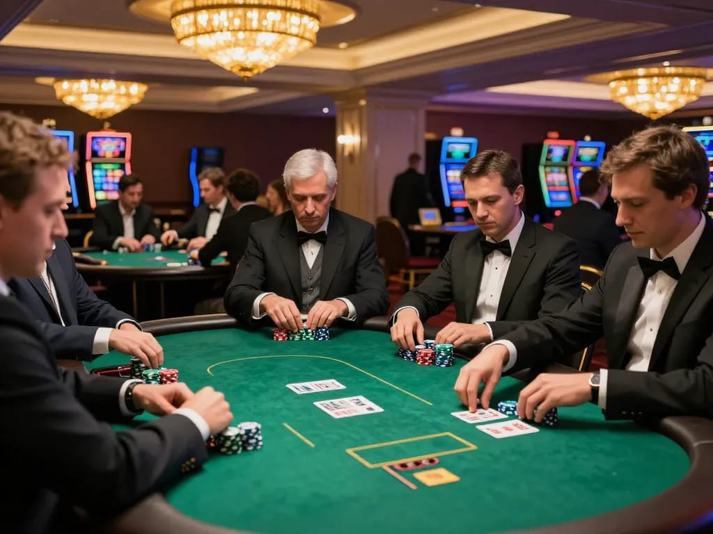 Players engaged in intense poker gameplay at a luxury casino table, showcasing the excitement of LGOGOAL strategy.