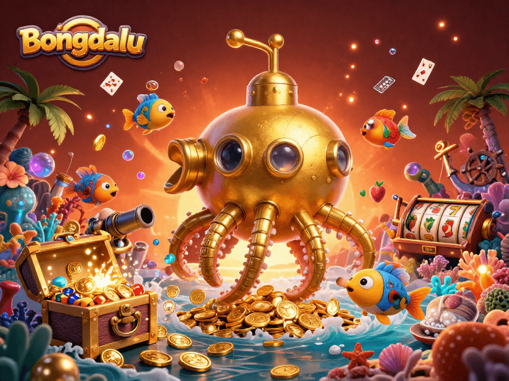 Bongdalu showcases an epic underwater scene featuring a golden kraken submarine amidst dazzling slot game symbols and treasures.