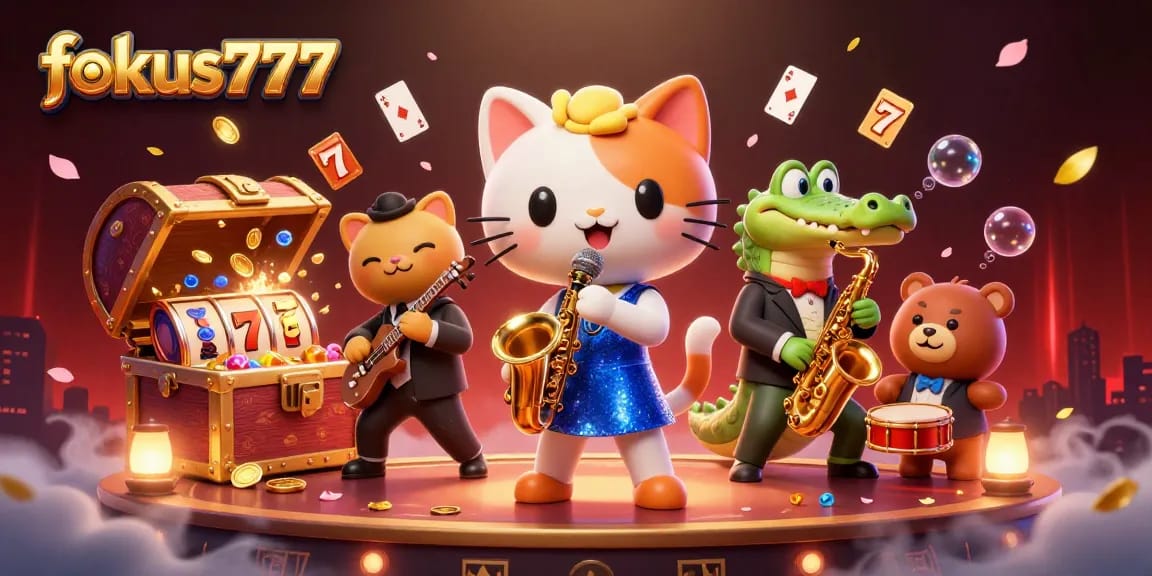 Engage with fokus777's thrilling slot experience at a vibrant casino stage featuring unique characters.