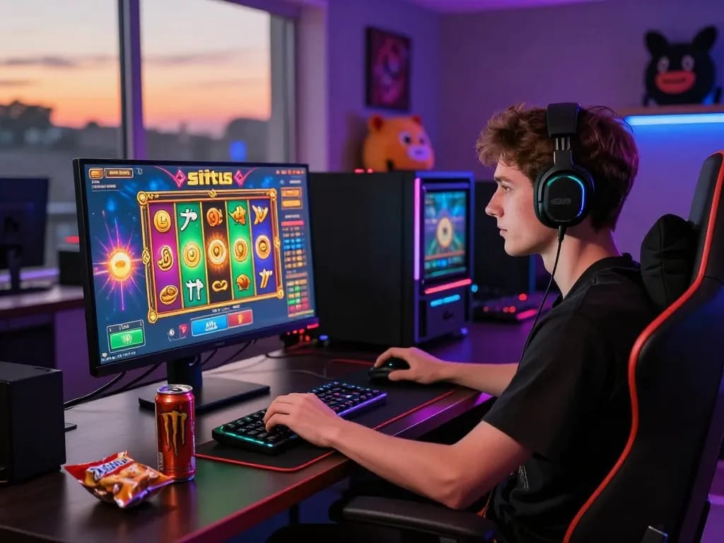 Pemain yang terlibat dengan serius memainkan permainan situs slot di setup modern.