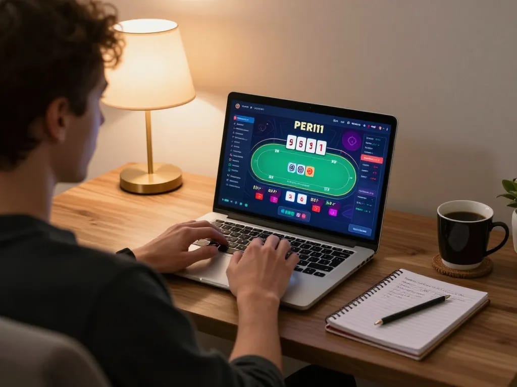 Engaging in PERI11 online poker on a laptop with strategic notes and cozy atmosphere.