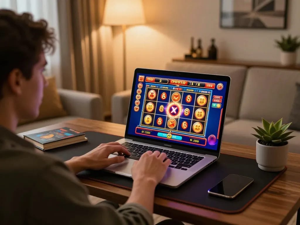 100vip player enjoying an online slot game in a stylish home setup, emphasizing fun and responsible gaming.