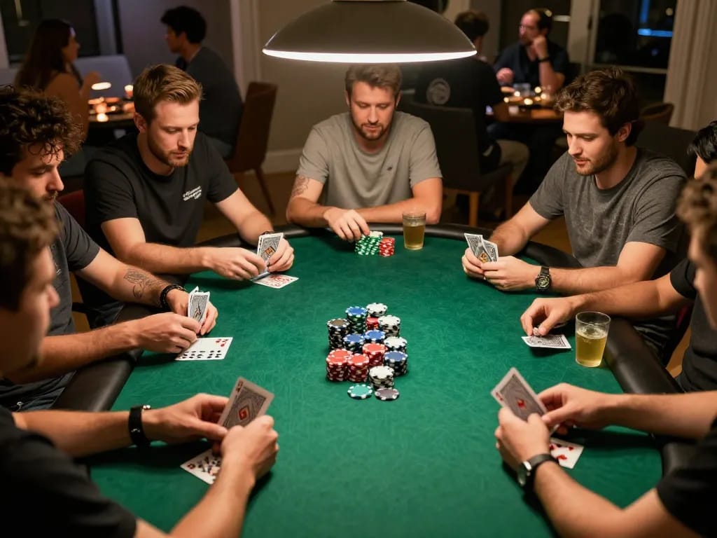 Players at a home poker game with engaging gameplay, https://www.bdtk66.one/ providing an inviting atmosphere