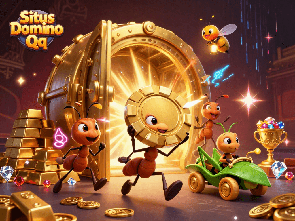 Ant team in a colorful heist scene showcasing Situs Domino Qq with a gigantic golden poker chip.