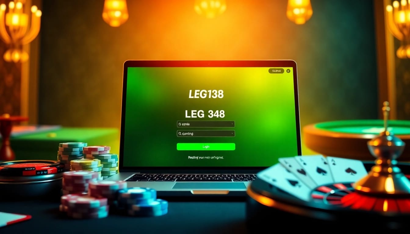 Interact with the LEGO138 login interface on a vibrant laptop amidst poker chips and casino elements.