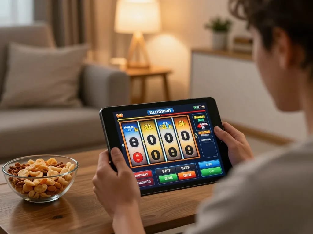 Engaging in online slot games on SC88VN tablet in cozy living room.