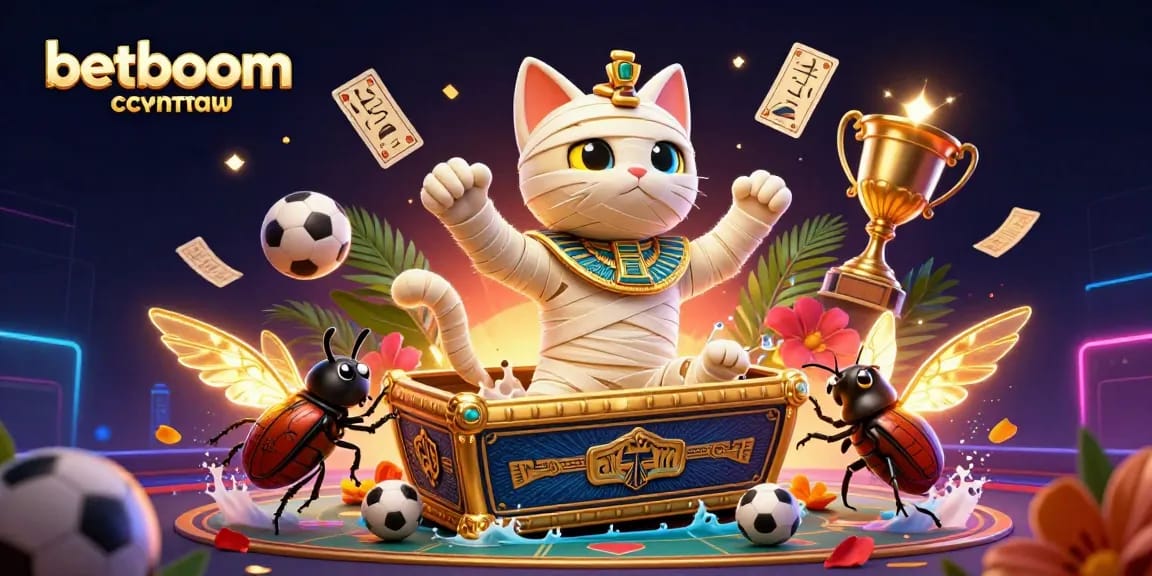 Experience excitement with betboom скачать, featuring a mummy cat in a casino environment backed by sports elements.