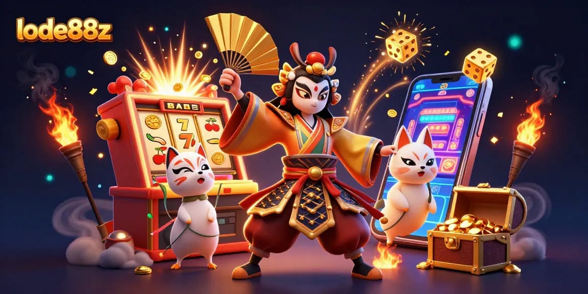 Play exciting games at lode88z with this vibrant 3D casino illustration showcasing thrilling slot features.