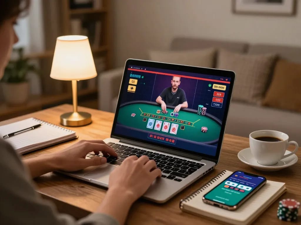 Engaged player using laptop for online blackjack on f8beta2, showcasing strategic gameplay and cozy atmosphere.
