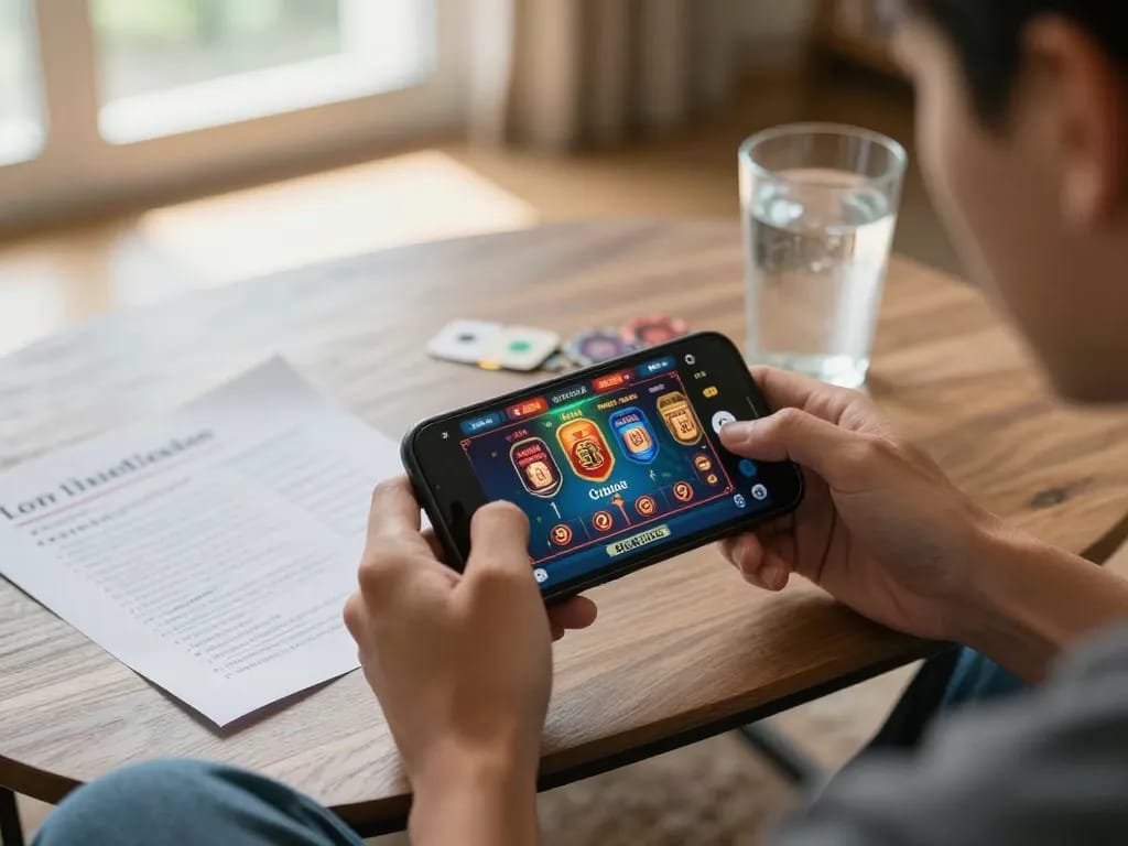 Engaging mobile gaming scene at Legit Online Casino with player using smartphone and strategic notes.