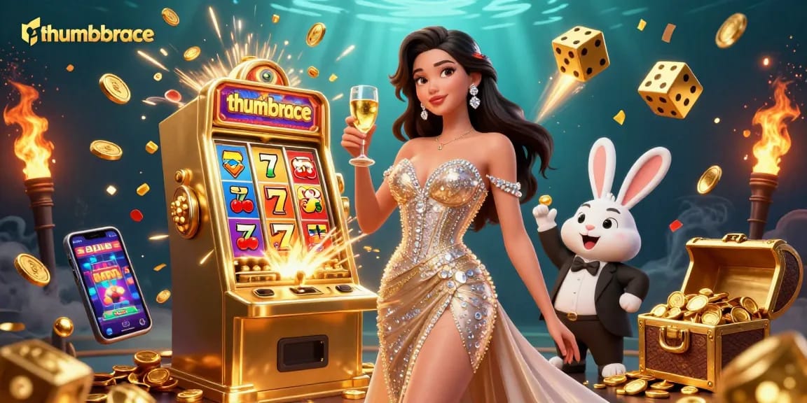 thumbbrace showcases an exciting casino scene with a jackpot slot machine and festive elements.
