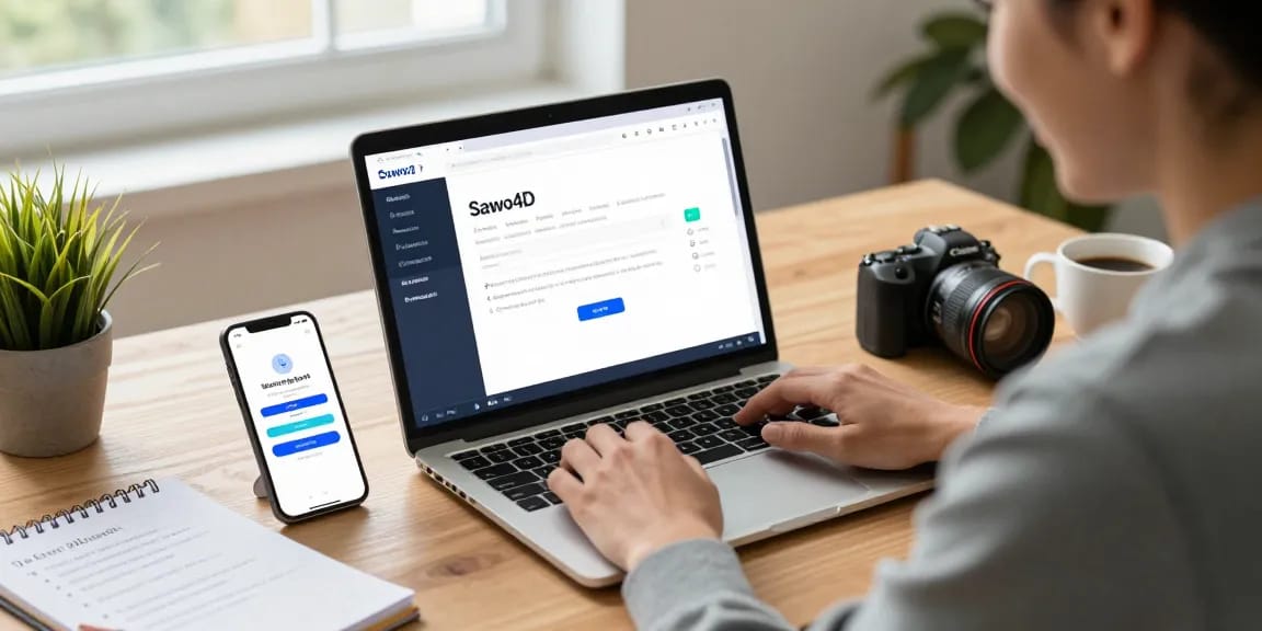Sawo4D alternatif user navigating secure login from a cozy home office setup