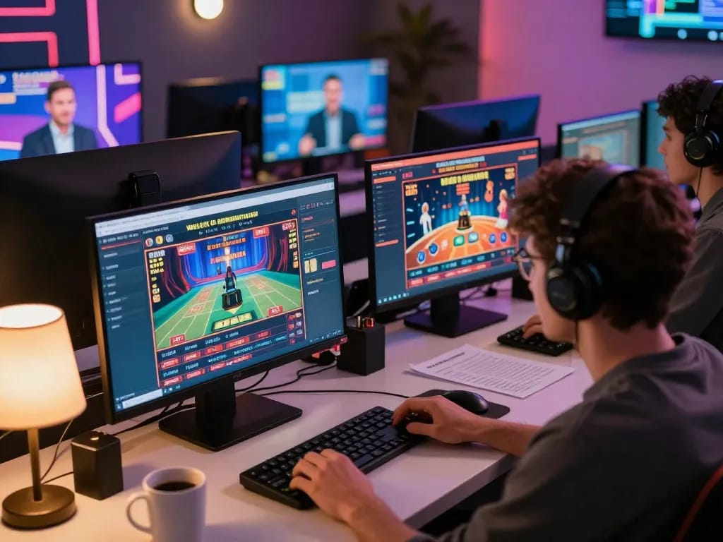 Engaged player navigating LGOGOAL online casino games on multiple screens in a modern home office.