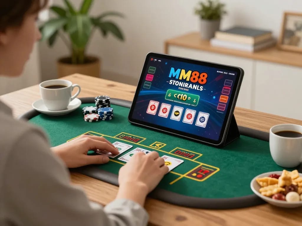 Engaging in mm88 casino games at home, showing a cozy setup with a tablet