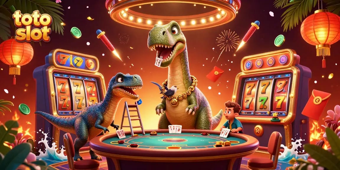 Experience the thrilling action with toto slot as a giant brontosaurus overlooks a vibrant casino.