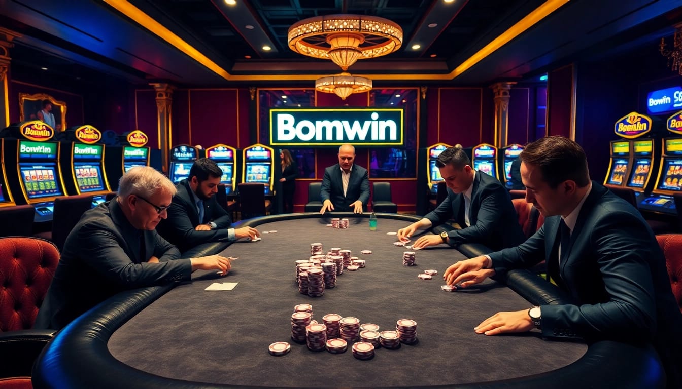 Engaged players at a Bomwin-themed poker table showcase high-stakes excitement in a luxurious casino.