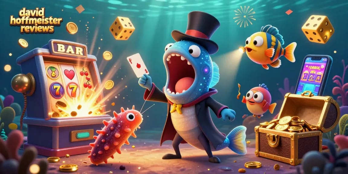 David Hoffmeister reviews showcased in a vibrant 3D casino scene filled with slot machines.
