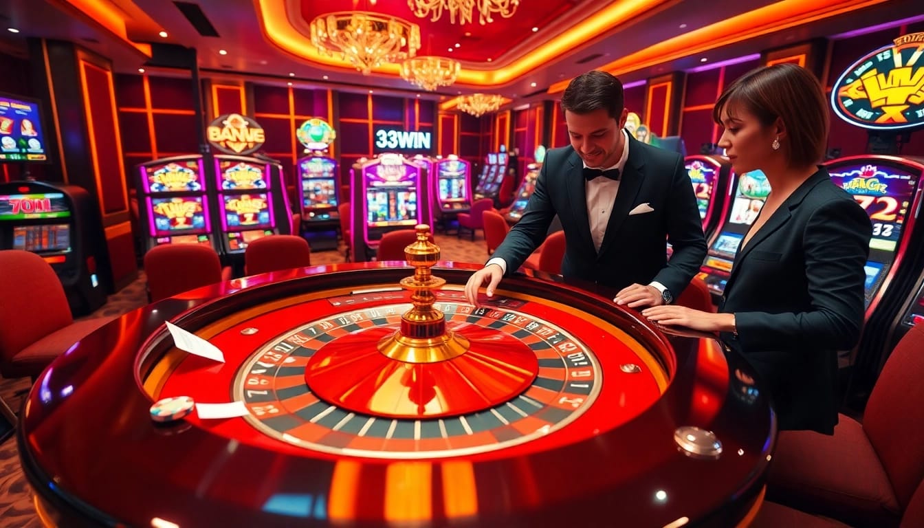 Experience the thrill of 33WIN as players engage strategically at an elegant roulette table, surrounded by vibrant casino elements.