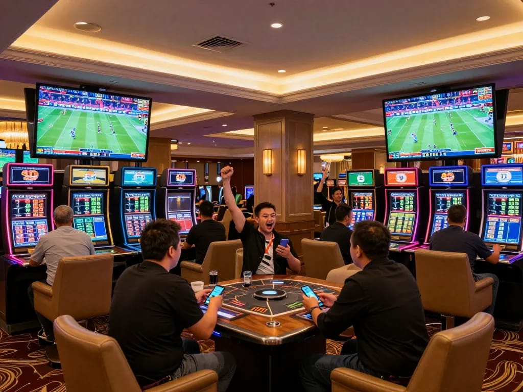 Excited bettors engaging with the nowgoal sports betting platform in a modern casino