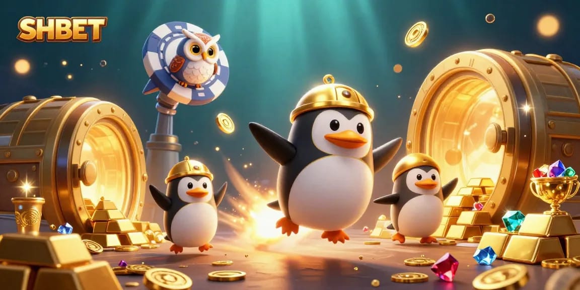 Experience thrilling gameplay with SHBET’s dynamic casino universe, featuring a golden penguin and treasure.