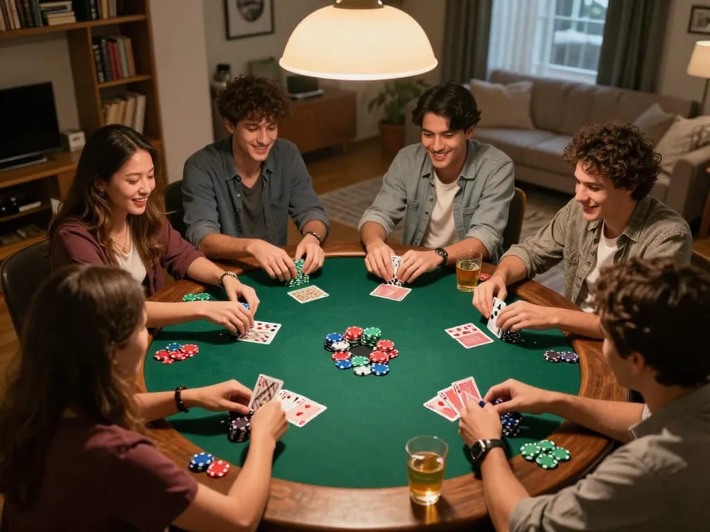 Players enjoying a friendly poker game while utilizing the done55 app for strategy and practice.