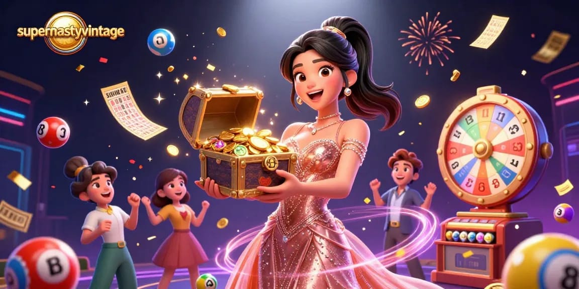 Engage with supernastyvintage treasures overflowing from a dazzling chest in a vibrant casino atmosphere.