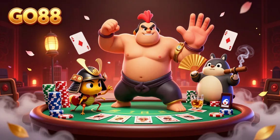 GO88 interactive online casino gaming scene featuring vibrant characters and poker elements