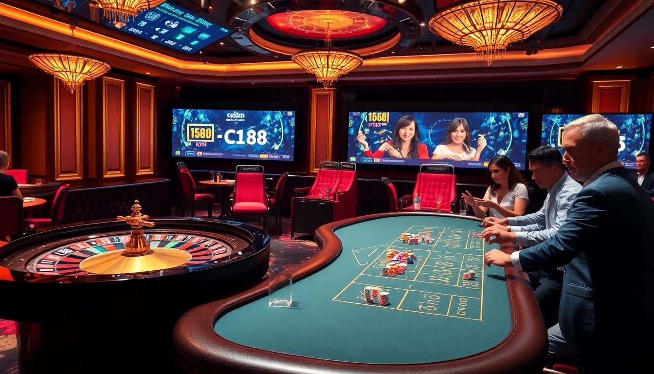 C168 players enjoying thrilling moments at an upscale casino with roulette and poker tables.