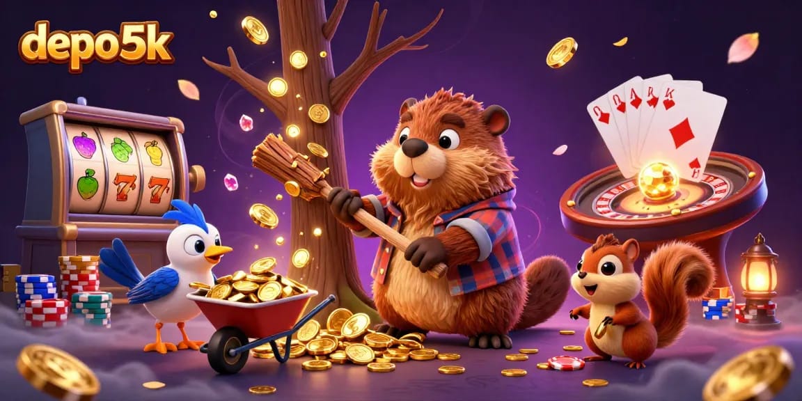 Engage in casino excitement with depo 5k as a beaver and friends gather gold from a jackpot tree.