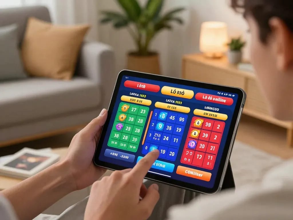 Lô đề online betting on a tablet in a cozy home setting, capturing the excitement of online wagering.