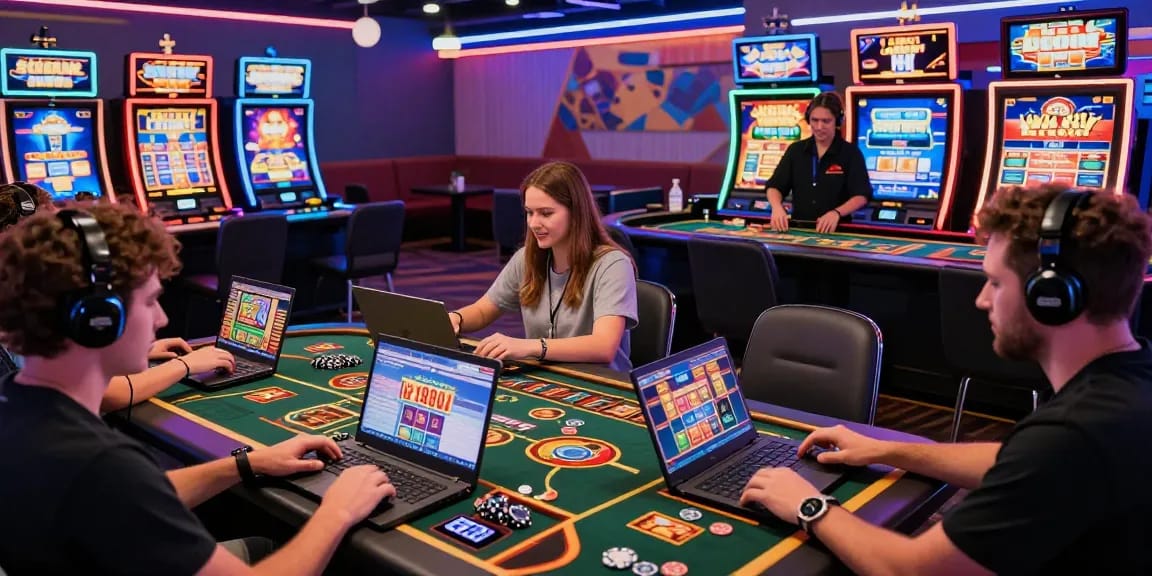 Players enjoying new online casino sites in a lively gaming lounge