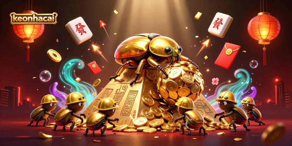 Experience keonhacai as a dynamic, engaging visual of a golden dung beetle rolling coins in a vibrant casino setting.