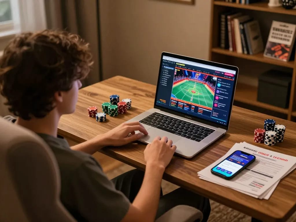 Engaging visual of a responsible gambler exploring nhà cái uy tín through a laptop, reflecting modern online gaming lifestyle.