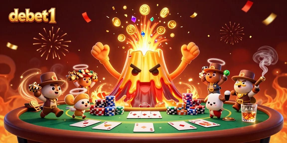 Engage with debet1's casino thrills as a golden volcano erupts coins and treasures amidst a lively poker scene.