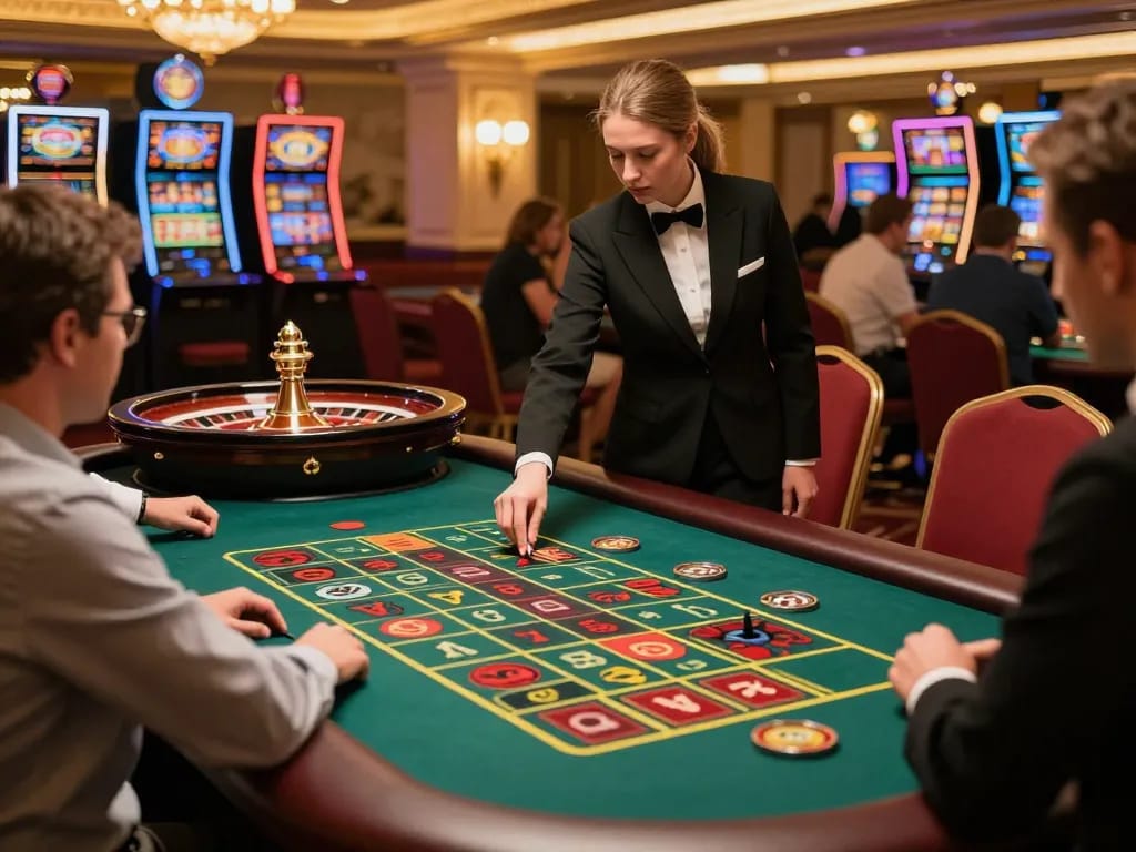 Players placing bets at a roulette table in a vibrant casino scene featuring g28tv.