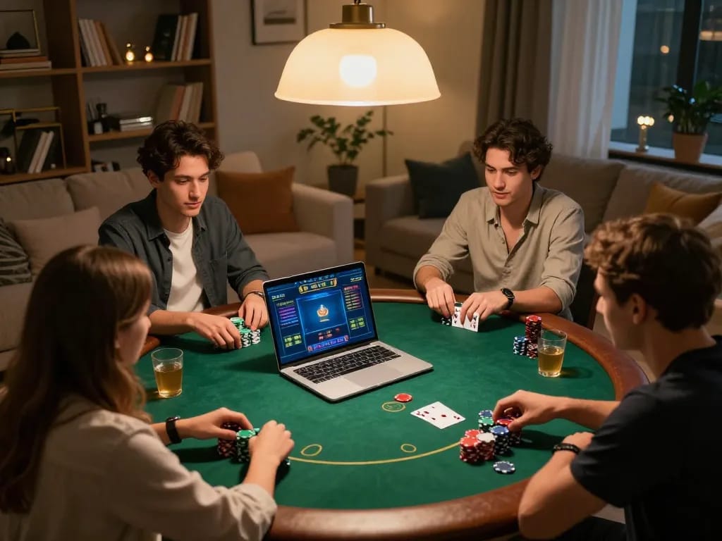 Friends enjoying an engaging poker game at home with F168 online casino platform.