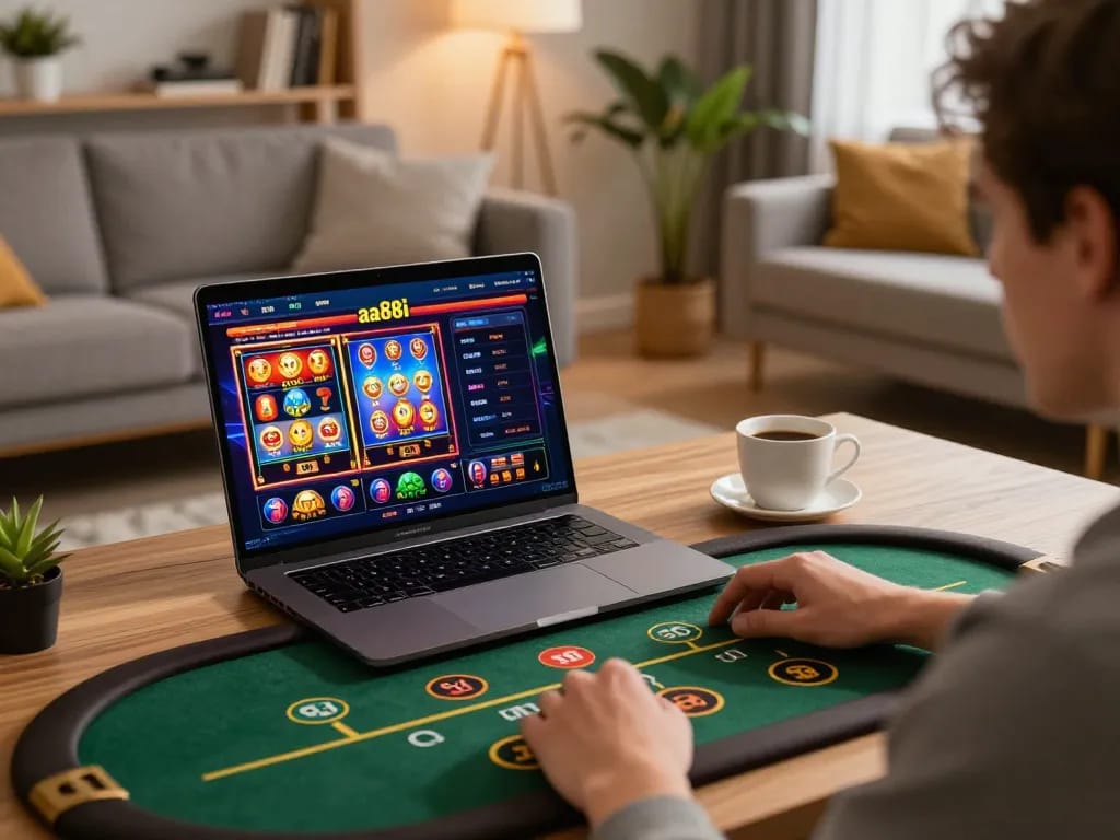Engaging with aa88i's online games during a cozy home gaming session.