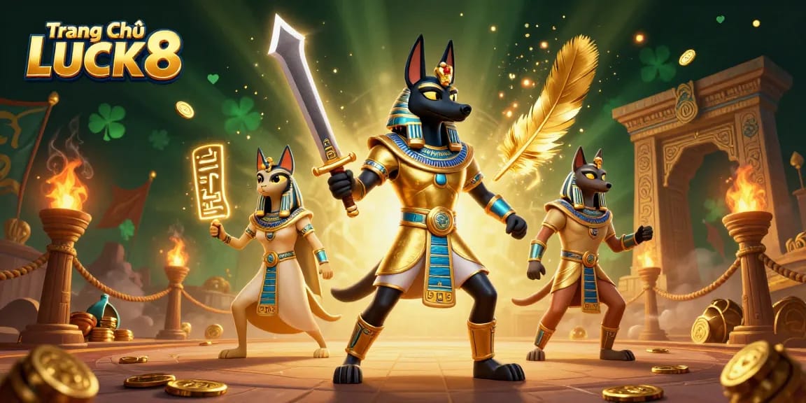 Experience the thrill of gaming at Trang Chủ LUCK8 with ancient Egyptian warriors, gold coins, and vibrant energy.
