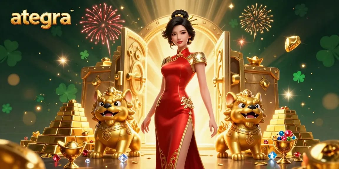 Ategra's dynamic casino illustration features an elegant woman between golden guardians, evoking luxury in gambling.
