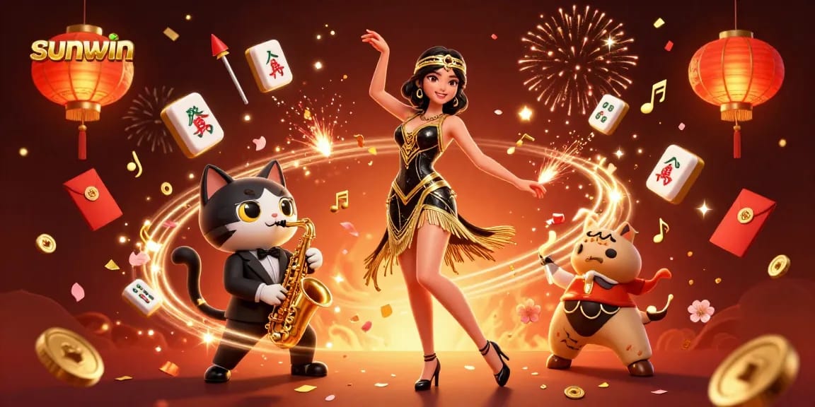 Win big at sunwin with a vibrant 3D casino celebration illustration featuring iconic games and festive elements.