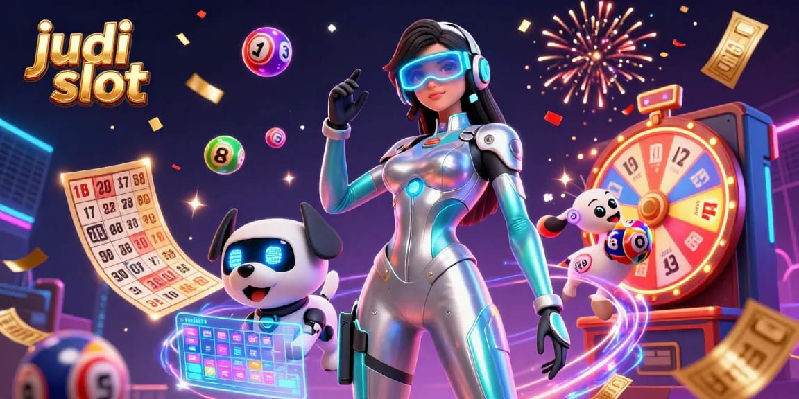 Engage in judi slot as a woman in a futuristic bodysuit interacts with a robot dog, surrounded by colorful casino elements.