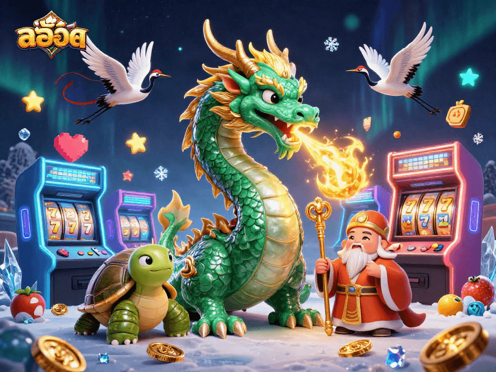 Engage with สล็อต through an immersive 3D scene featuring lucky symbols and a mystical dragon.