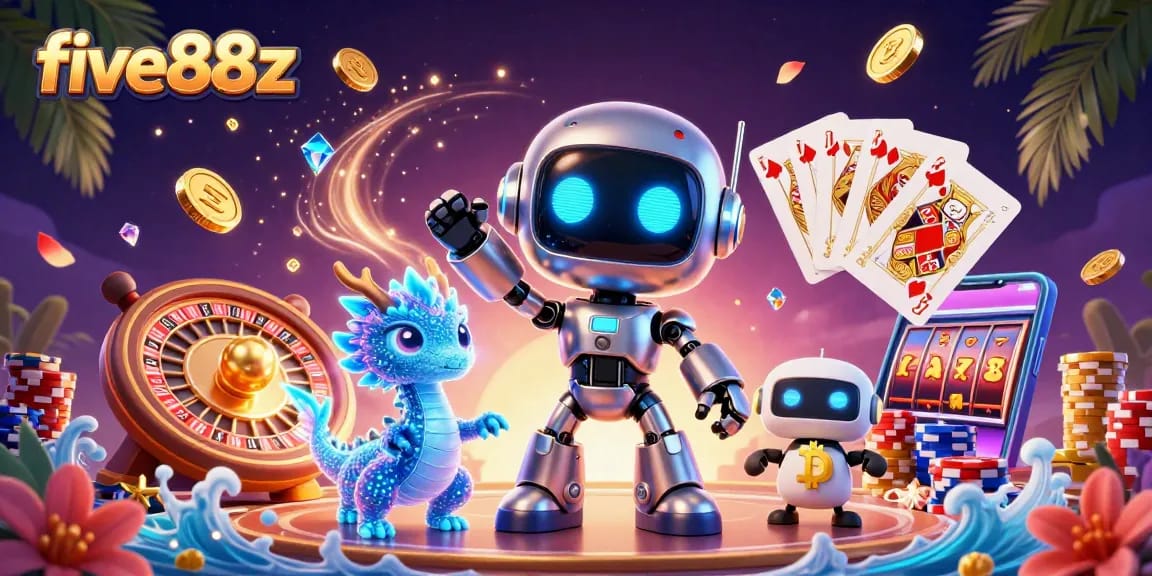 Prepare to win big with five88z as a cyberpunk robot mascot and a holographic dragon encapsulate the thrill of gaming.
