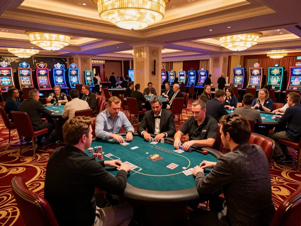 Players engaging in poker at the RR88 NAVY casino, creating an exciting gaming atmosphere.