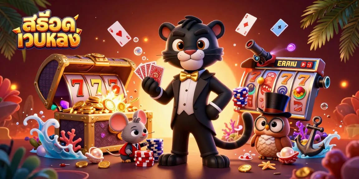 Play exciting slots at สล็อตเว็บตรง with a stylish panther dealer and lucky owl, surrounded by vibrant casino elements.