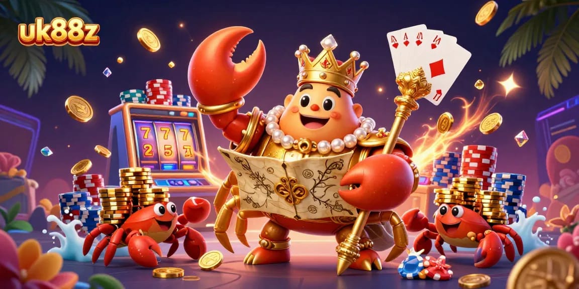 uk88z slot machine illustration featuring a golden crab emperor surrounded by treasures and gambling elements.