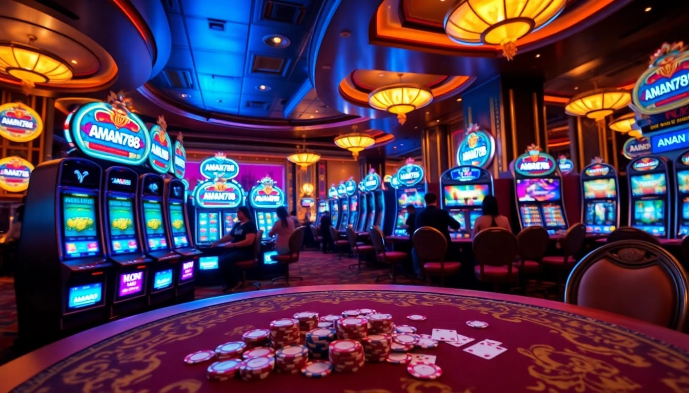 Suasana mendebarkan yang menampilkan penjudi menikmati mesin slot AMAN788 di lingkungan kasino mewah.